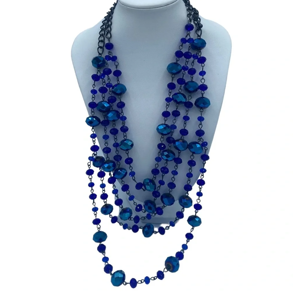 Multistrand cobalt blue tiered necklace w faceted blue beads sparkly